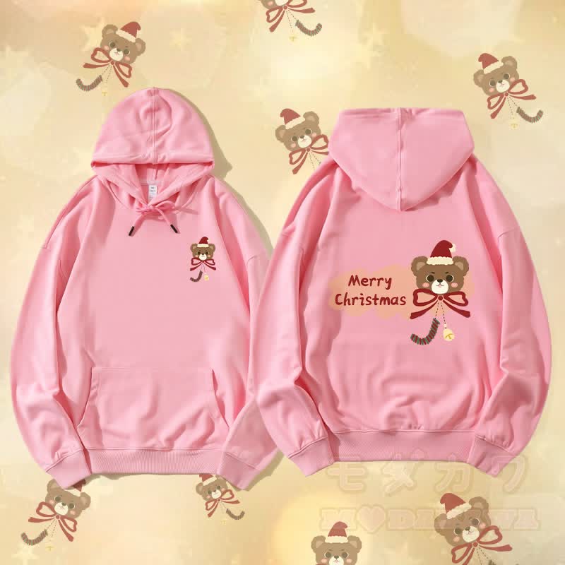 MODAKAWA Christmas Bow Bear Graphic Streetwear Pullover Hoodie - Pink - 5XL - image 1