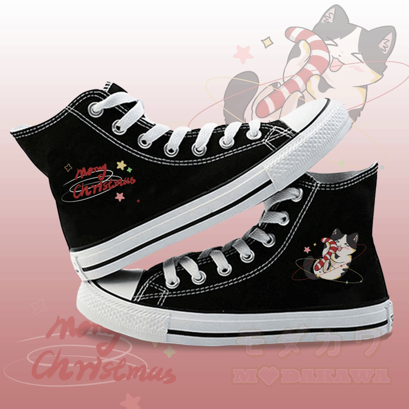 MODAKAWA Christmas Kitty Graphic High Top Canvas Shoes - Black - 44 - image 1