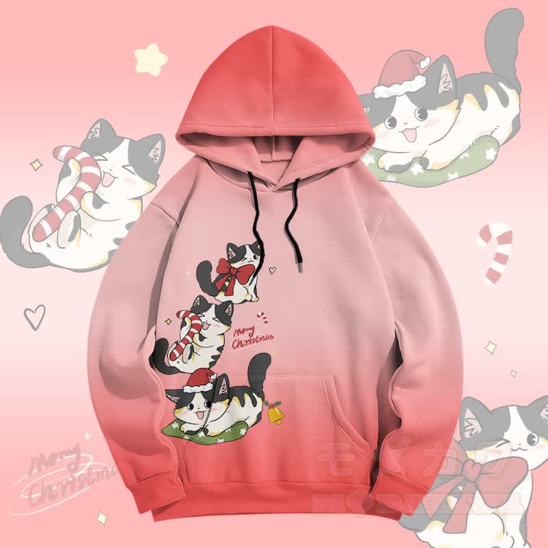 MODAKAWA Gradient Cheerful Christmas Kitty Graphic All Over Print Pullover Hoodie - Pink - 5XL - image 2