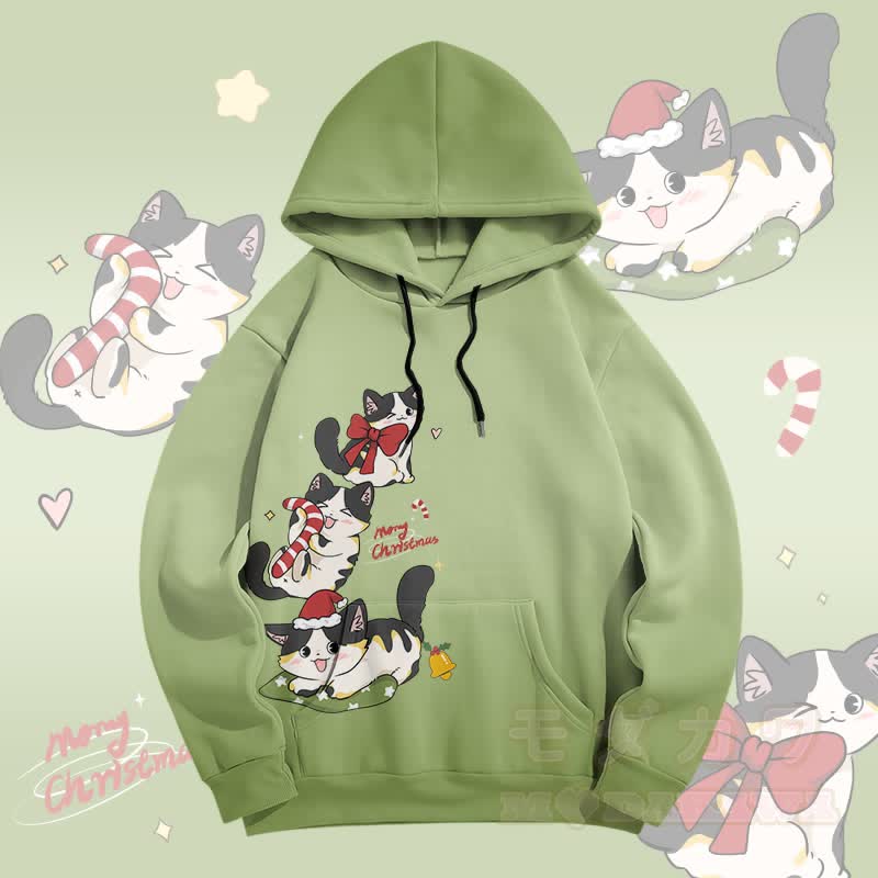 MODAKAWA Gradient Cheerful Christmas Kitty Graphic All Over Print Pullover Hoodie - Green - 5XL - image 1