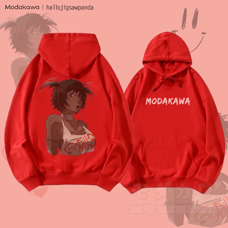 MODAKAWA X Hallo Edgy Anime Girl Graphic Streetwear Pullover Hoodie - Red - 5XL - image 2