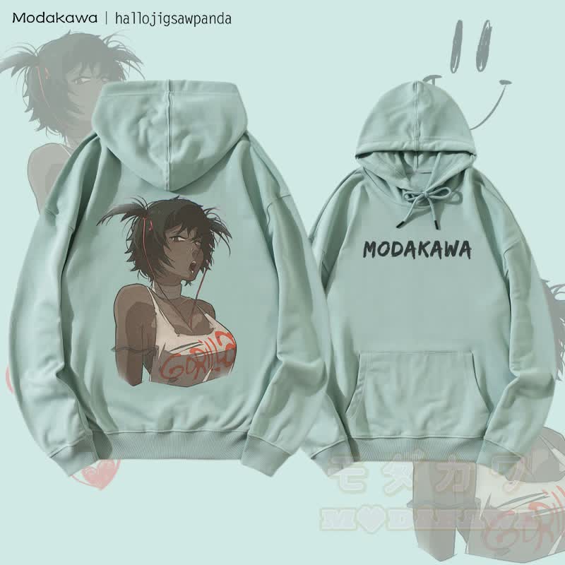 MODAKAWA X Hallo Edgy Anime Girl Graphic Streetwear Pullover Hoodie - Green - 5XL - image 1