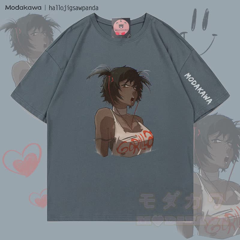 MODAKAWA X Hallo Edgy Anime Girl Graphic T-shirt - Dark Grey - 5XL - image 2