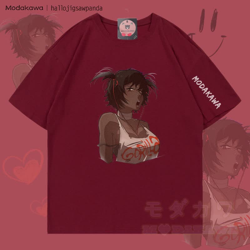 MODAKAWA X Hallo Edgy Anime Girl Graphic T-shirt - Wine Red - 5XL - image 1