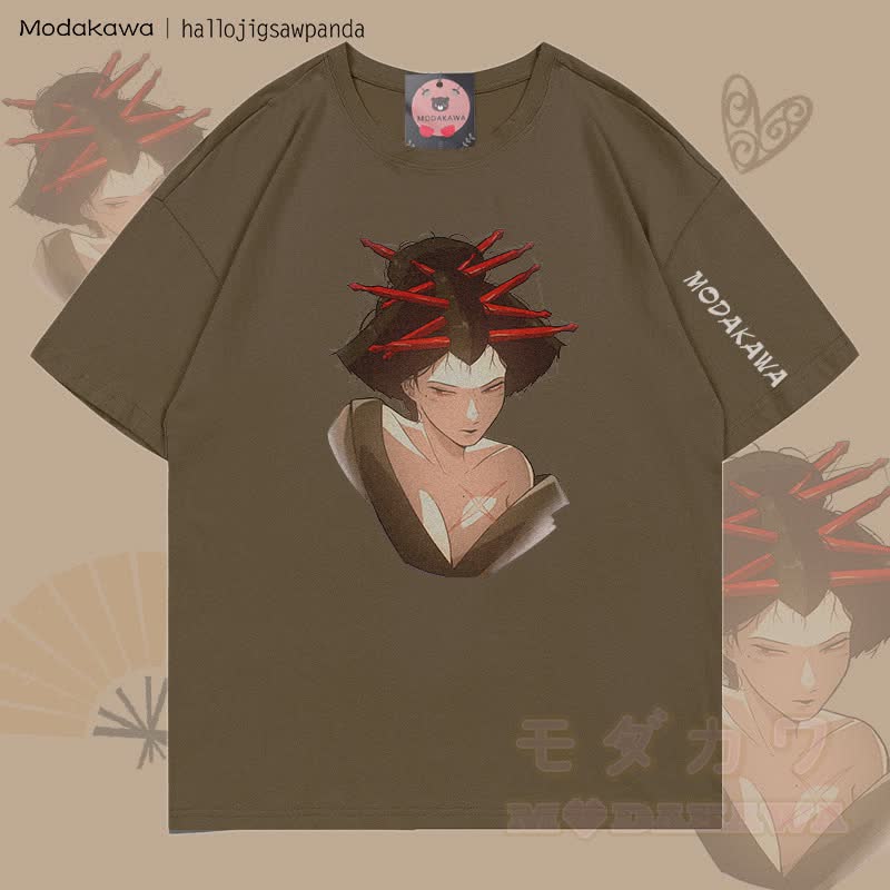 MODAKAWA X Hallo Red Hairpin Anime Girl Graphic T-shirt - Brown - 5XL - image 2