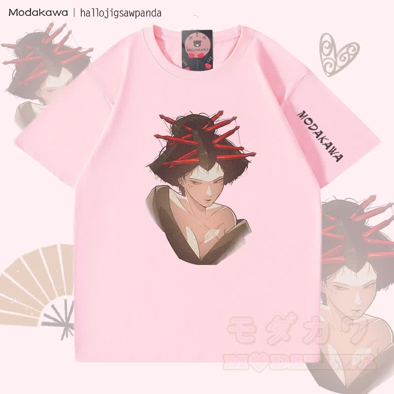 MODAKAWA X Hallo Red Hairpin Anime Girl Graphic T-shirt - Pink - 5XL - image 1