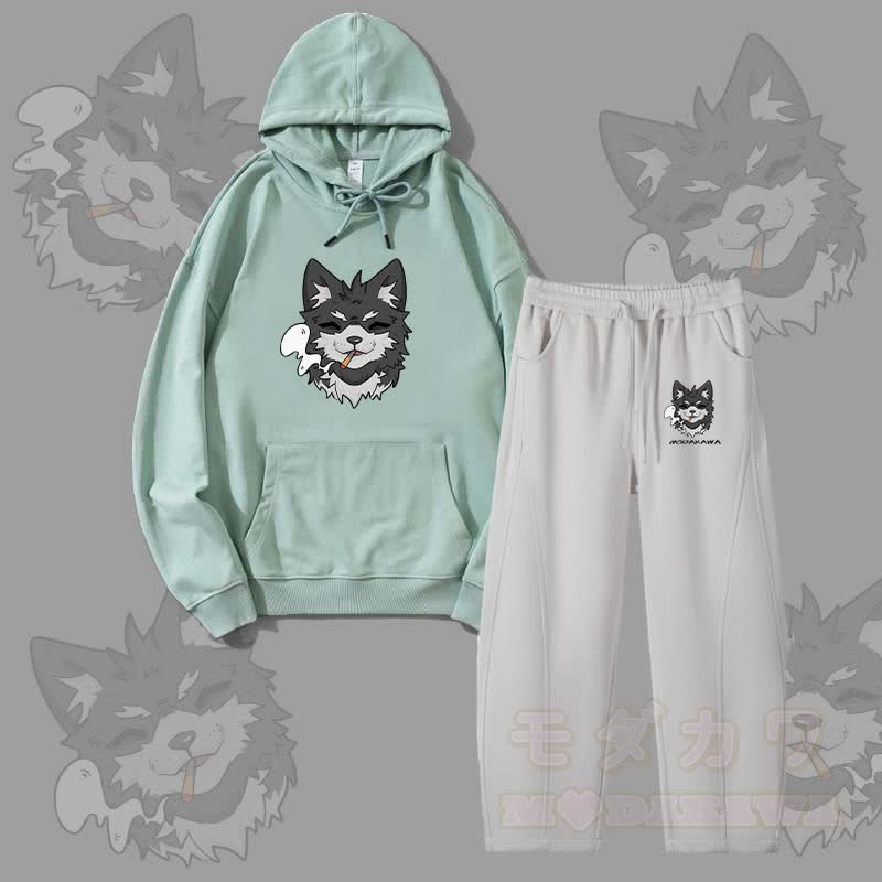 MODAKAWA Koda Smoking Puppy Graphic Hoodie Men Drawstring Pants Two Pieces Set - Green&Grey - 4XL - image 2