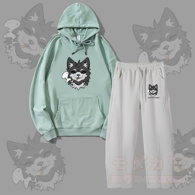 MODAKAWA Koda Smoking Puppy Graphic Hoodie Men Drawstring Pants Two Pieces Set - Green&Grey - 4XL - image 2