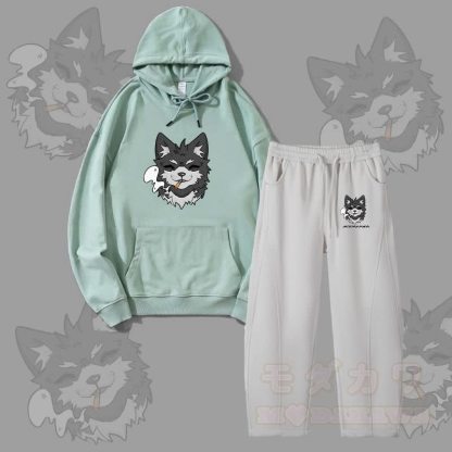 MODAKAWA Koda Smoking Puppy Graphic Hoodie Men Drawstring Pants Two Pieces Set - Green&Grey - 4XL - image 2