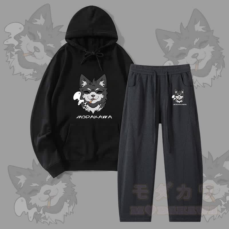 MODAKAWA Koda Smoking Puppy Graphic Hoodie Men Drawstring Pants Two Pieces Set - Black - 4XL - image 1