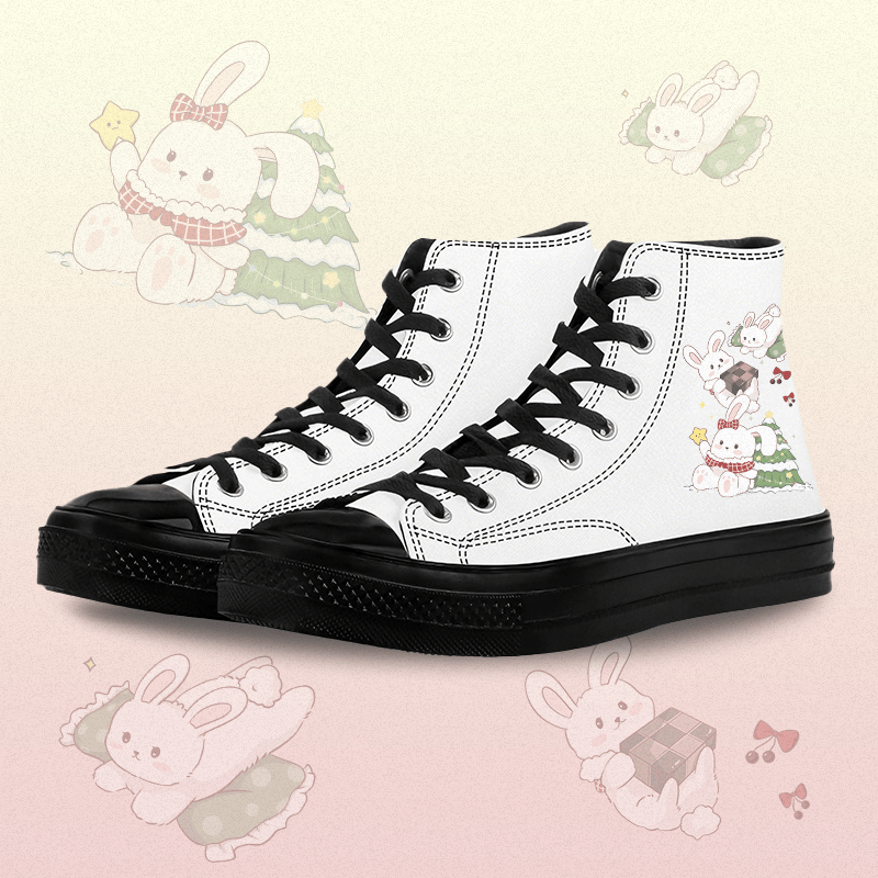 MODAKAWA Playful Bunny Graphic High Top Canvas Shoes - White A - 45 - image 1