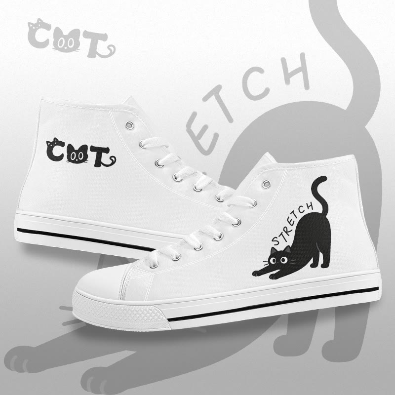 MODAKAWA Stretching Black Cat Graphic High Top Canvas Shoes - White A - 44 - image 1