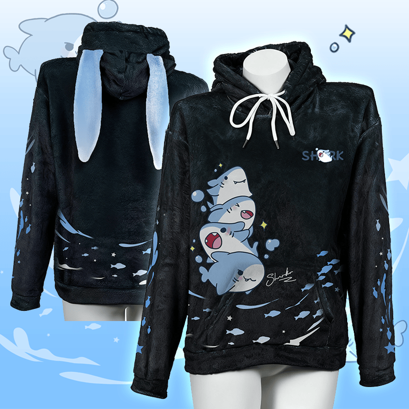 MODAKAWA Playful Shark Graphic Plush Hoodie with Bunny Ears - image 1