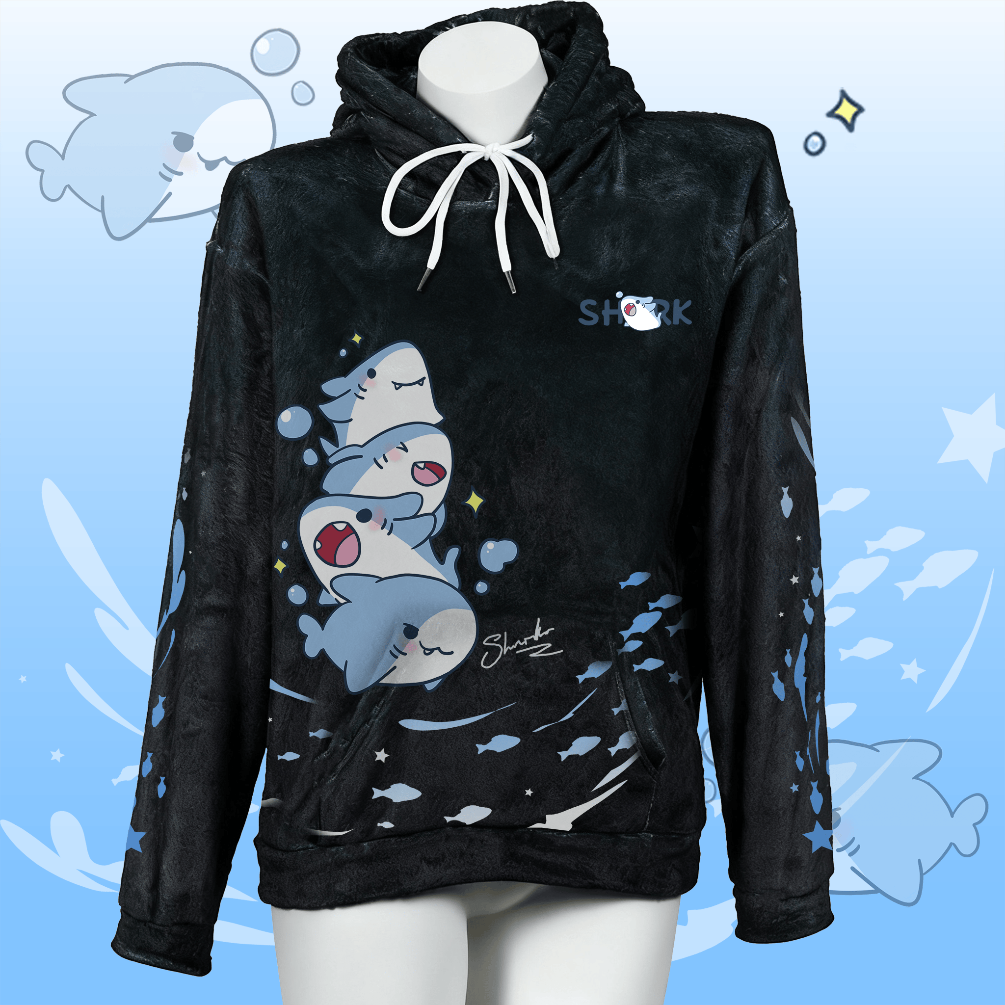 MODAKAWA Playful Shark Graphic Plush Hoodie with Bunny Ears - Black - 4XL - image 2