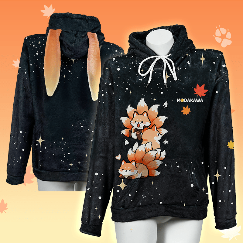 MODAKAWA Nine-tailed Fox Graphic Plush Hoodie with Bunny Ears - image 1