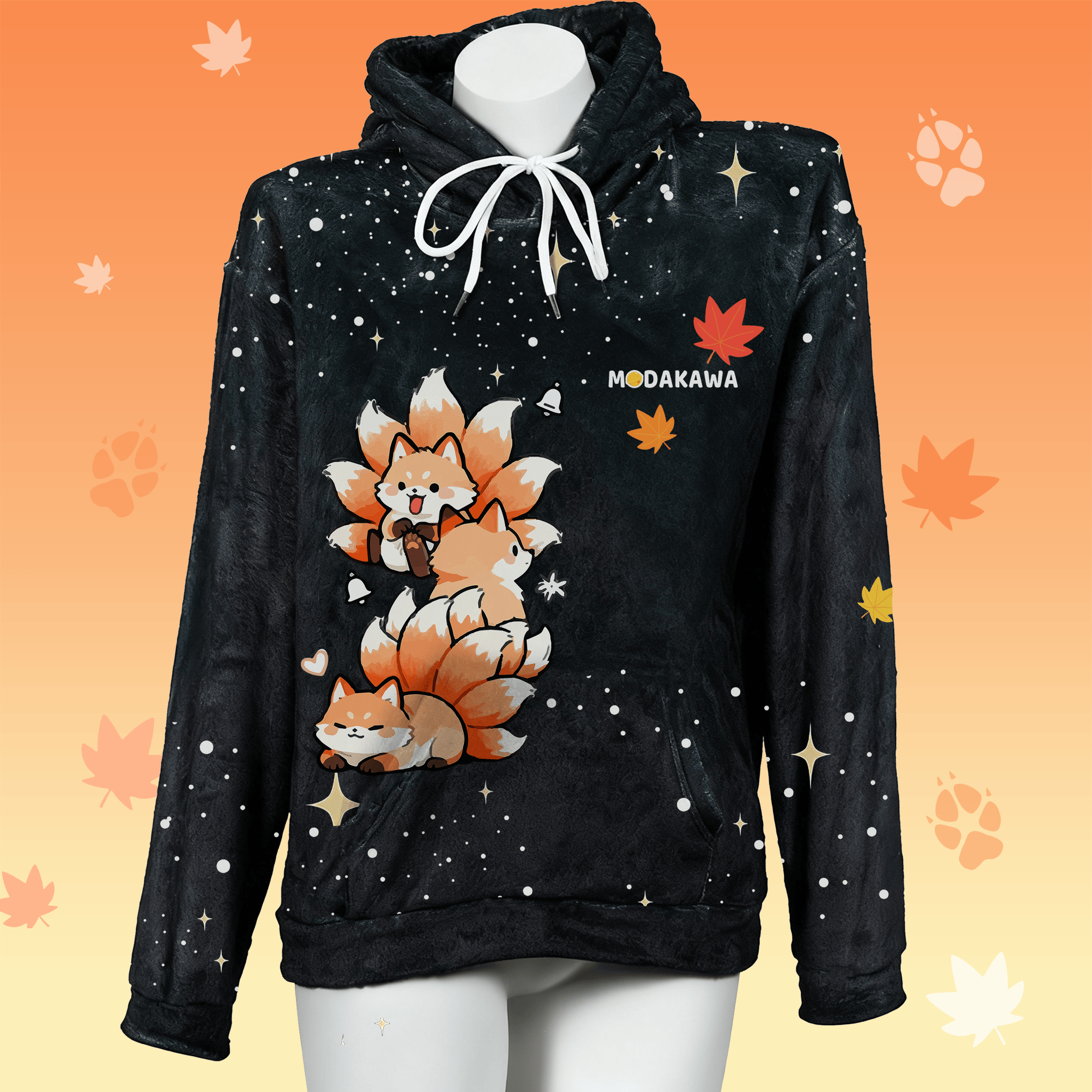 MODAKAWA Nine-tailed Fox Graphic Plush Hoodie with Bunny Ears - Black - 4XL - image 2
