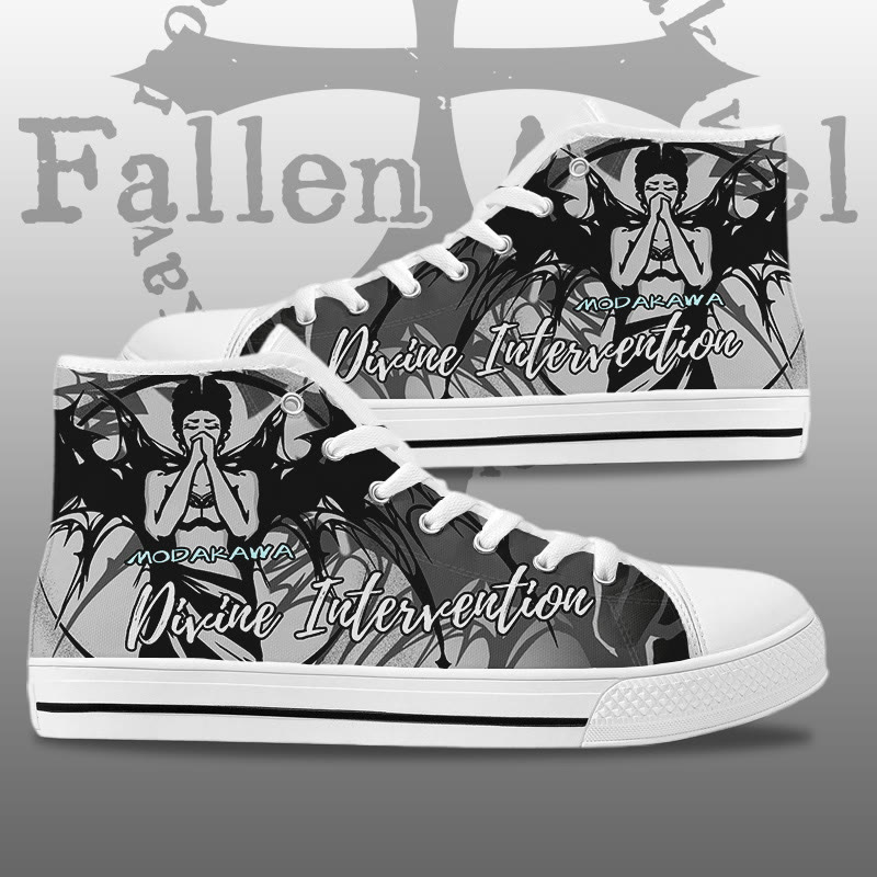 MODAKAWA DIVINE INTERVENTION Black-Wing Angel Graphic High Top Canvas Shoes - White - 44 - image 1