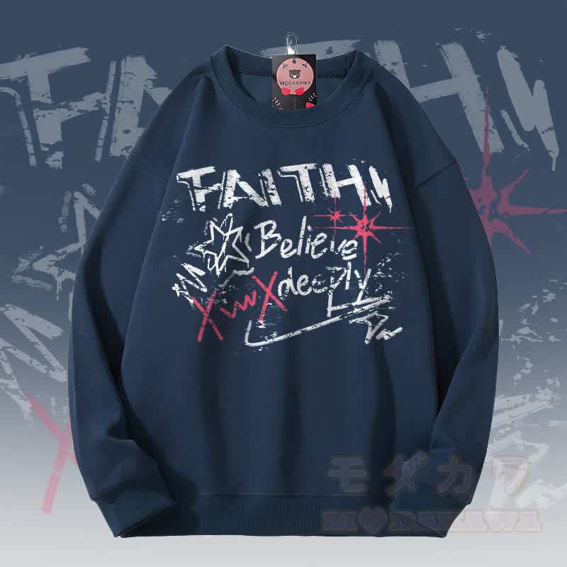 MODAKAWA FAITH BELIEVE DEEPLY Graphic Unisex Sweatshirt - Purplish Blue - 5XL - image 2
