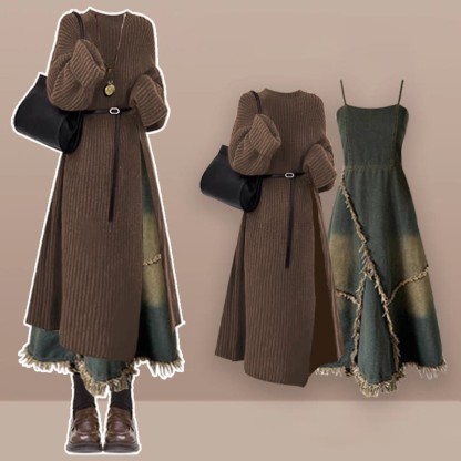Belt Knit Sweater Dress Denim Slip Dress Two Pieces Set - Set - XL - image 1