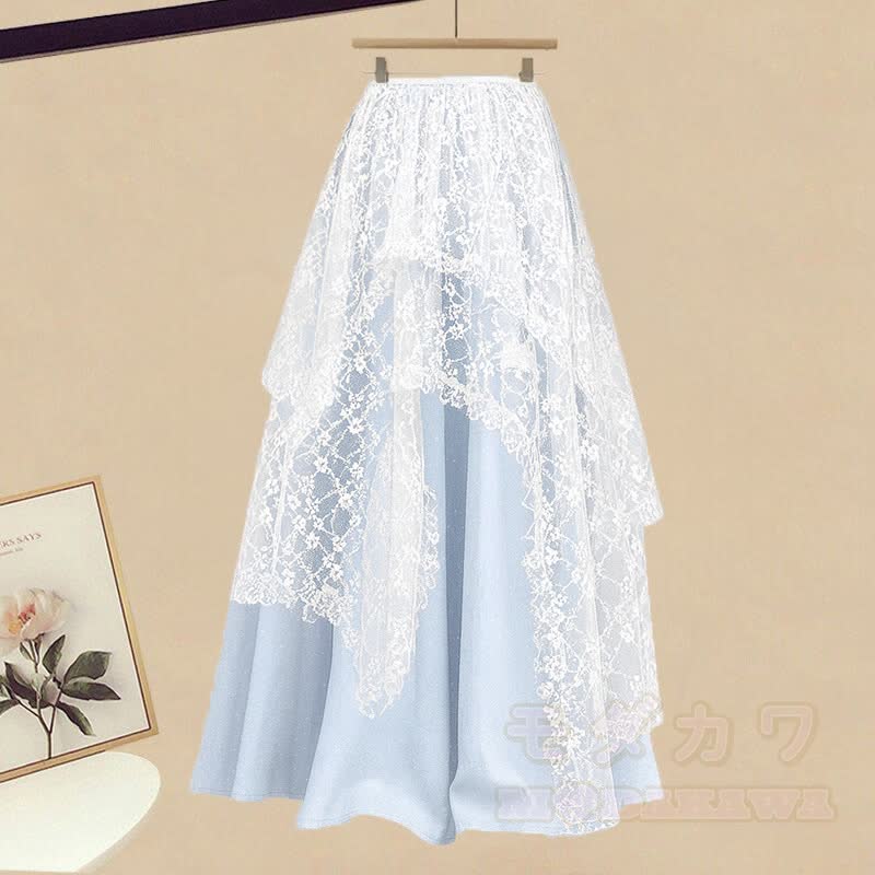V-neck Shirt Halter Top Lace Skirt Wide Leg Pantskirt Four Pieces Set - image 3