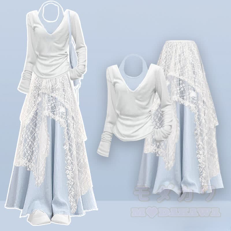 V-neck Shirt Halter Top Lace Skirt Wide Leg Pantskirt Four Pieces Set - Set - XL - image 1