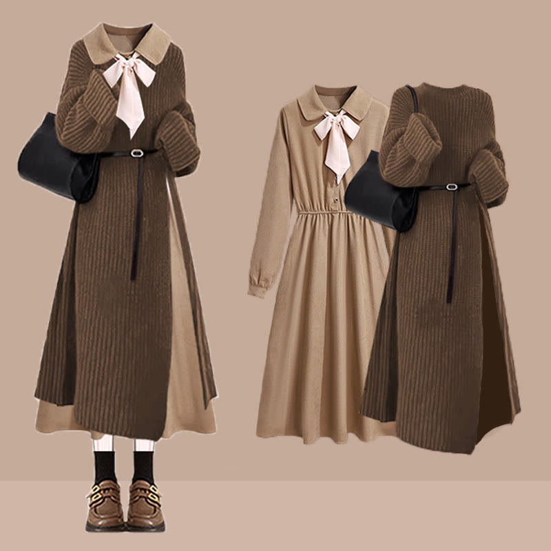 Belt Knit Sweater Dress Bow Dress Matching Outfit - Set - XL - image 1