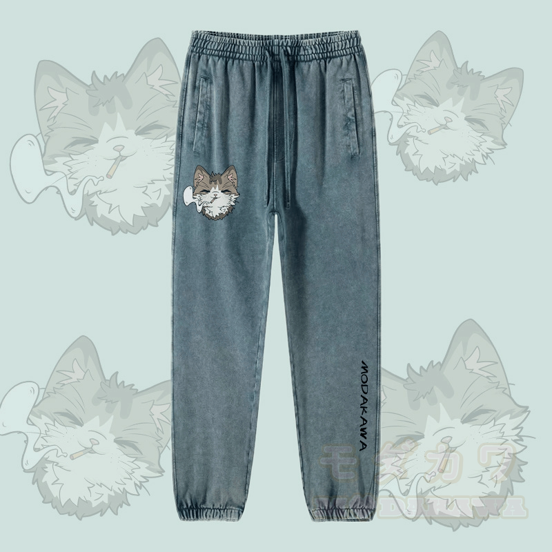 MODAKAWA Smoking Kitty Graphic Vintage Washed Jogger Pants - Green - 2XL - image 4