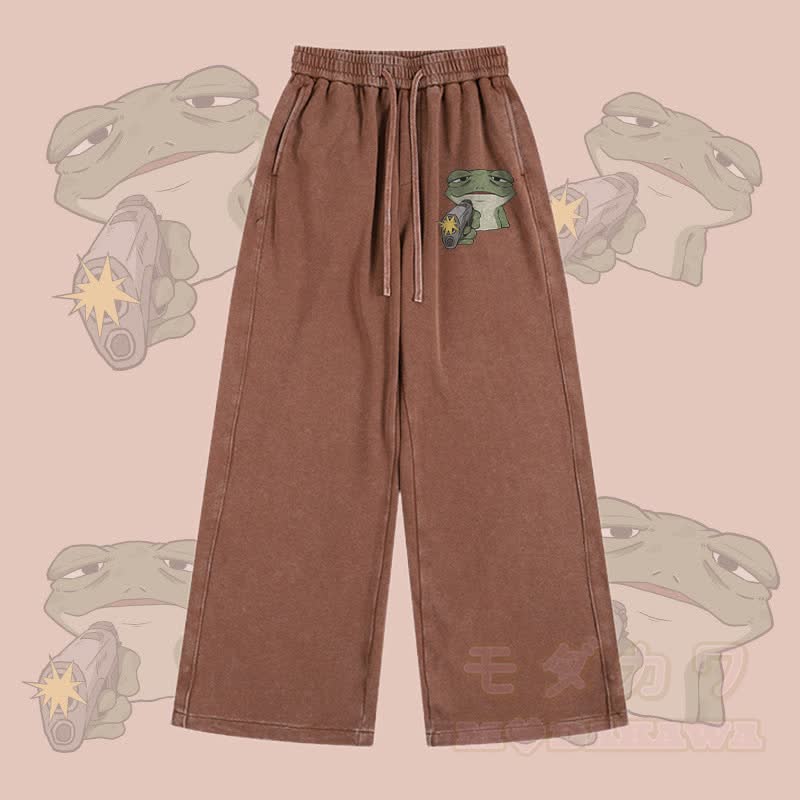 MODAKAWA Frog With Gun Graphic Vintage Washed Adjustable Hem Pants - Brown - 2XL - image 3