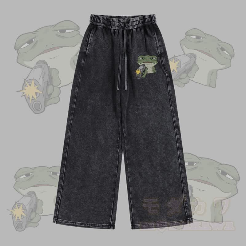MODAKAWA Frog With Gun Graphic Vintage Washed Adjustable Hem Pants - Black - 2XL - image 1