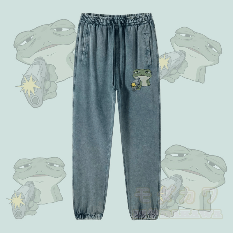 MODAKAWA Frog With Gun Graphic Vintage Washed Jogger Pants - Green - 2XL - image 1