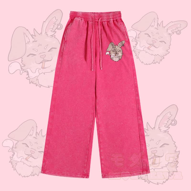 MODAKAWA Smoking Bunny Graphic Vintage Washed Adjustable Hem Pants - Rose Red - 2XL - image 1