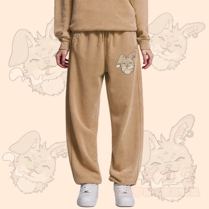 MODAKAWA Smoking Bunny Graphic Vintage Washed Jogger Pants - image 1
