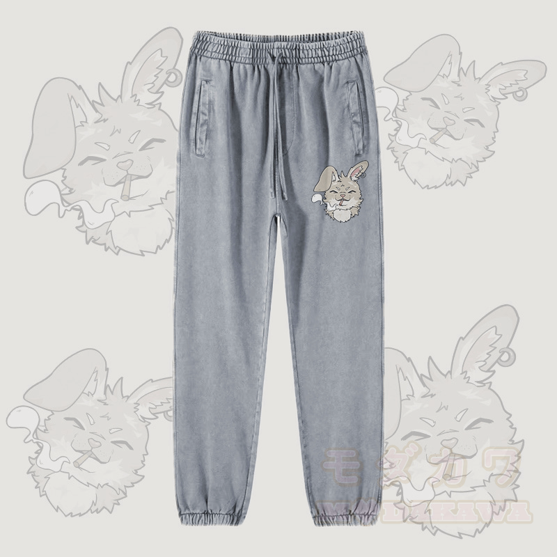 MODAKAWA Smoking Bunny Graphic Vintage Washed Jogger Pants - Light Grey - 2XL - image 3