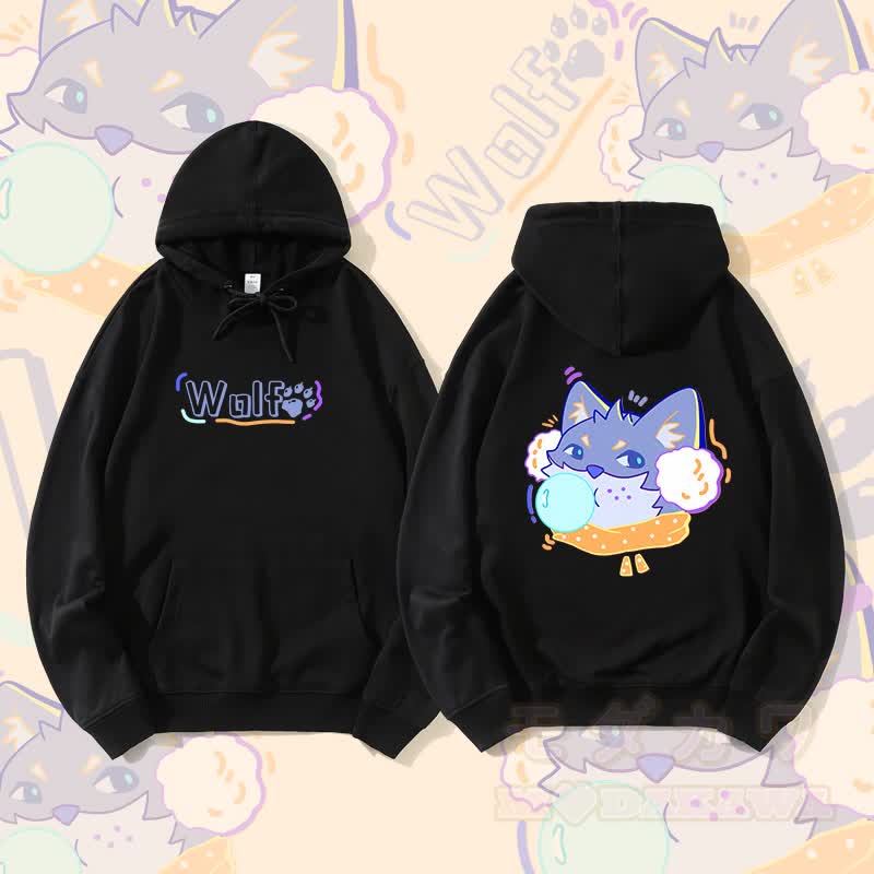 MODAKAWA Bubble Wolf Graphic Streetwear Pullover Hoodie - Black - 5XL - image 3