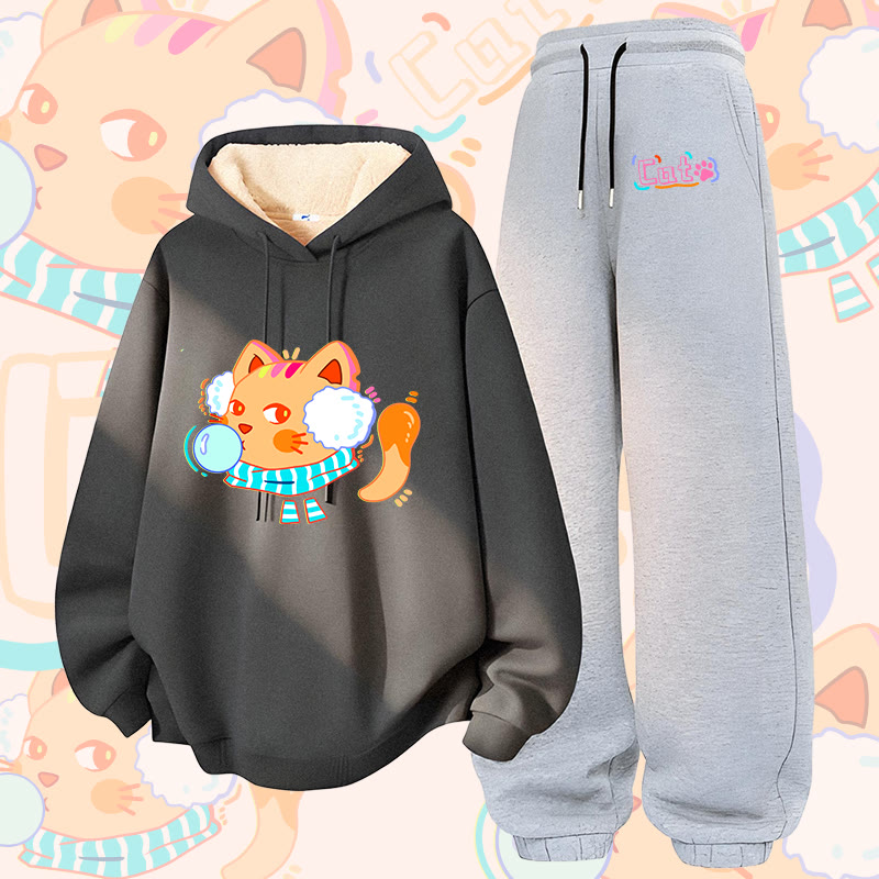 MODAKAWA Bubble Cat Graphic Thick Fleece Lined Hoodie Pants Two Pieces Set - Dark Grey&Grey - 5XL - image 1