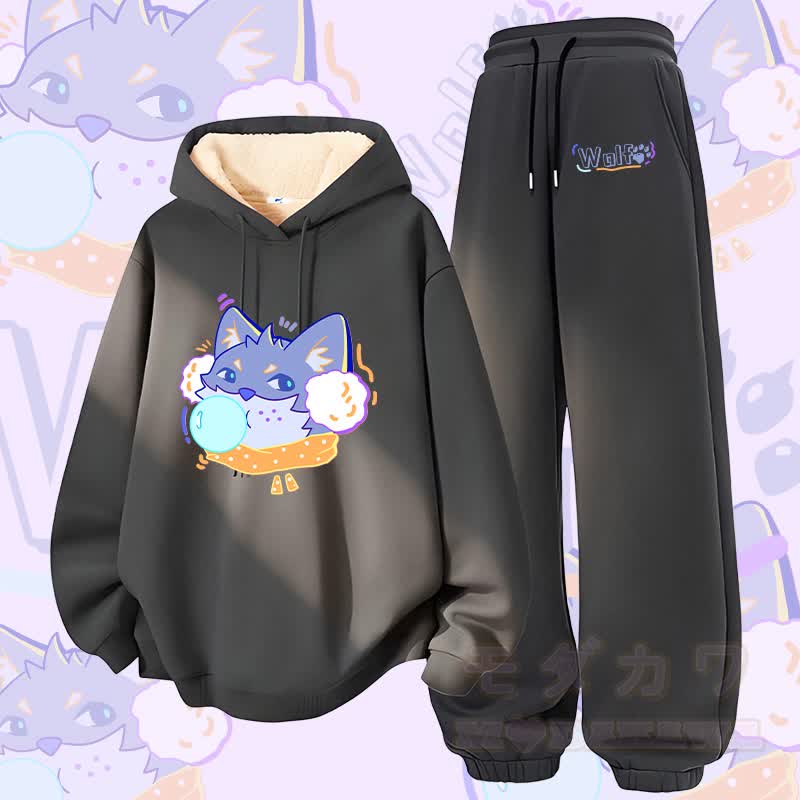 MODAKAWA Bubble Wolf Graphic Thick Fleece Lined Hoodie Pants Two Pieces Set - Dark Grey - 5XL - image 1