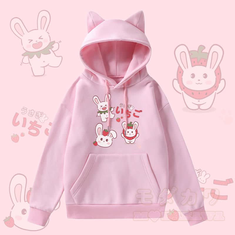 MODAKAWA Strawberry Bunny Graphic Pocket Fleece Lined Hoodie with Cat Ears  - Pink - 2XL - image 2
