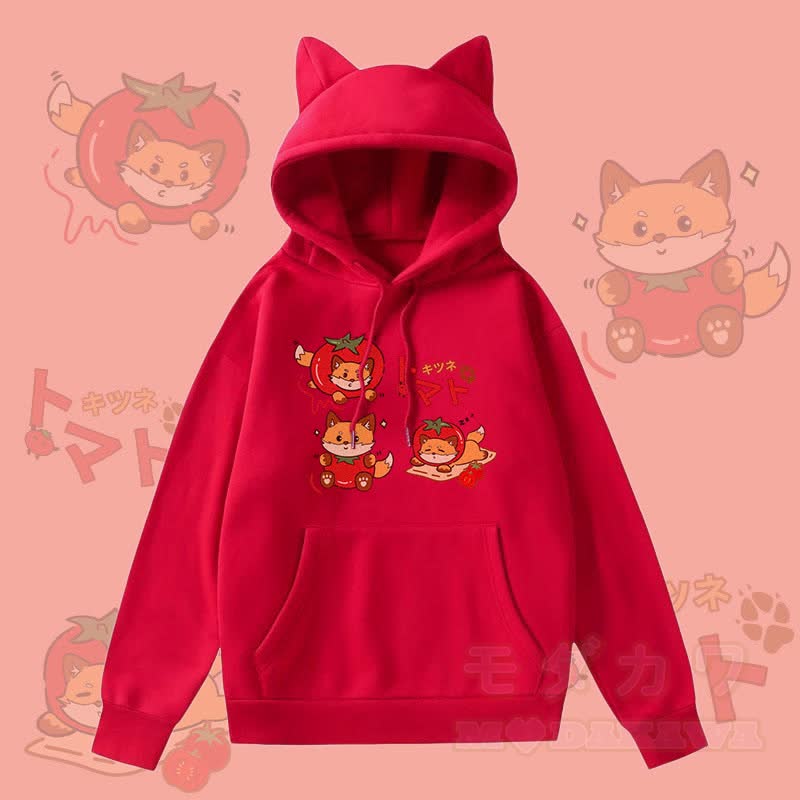 MODAKAWA Tomato Fox Graphic Pocket Fleece Lined Hoodie with Cat Ears  - Red - 2XL - image 2