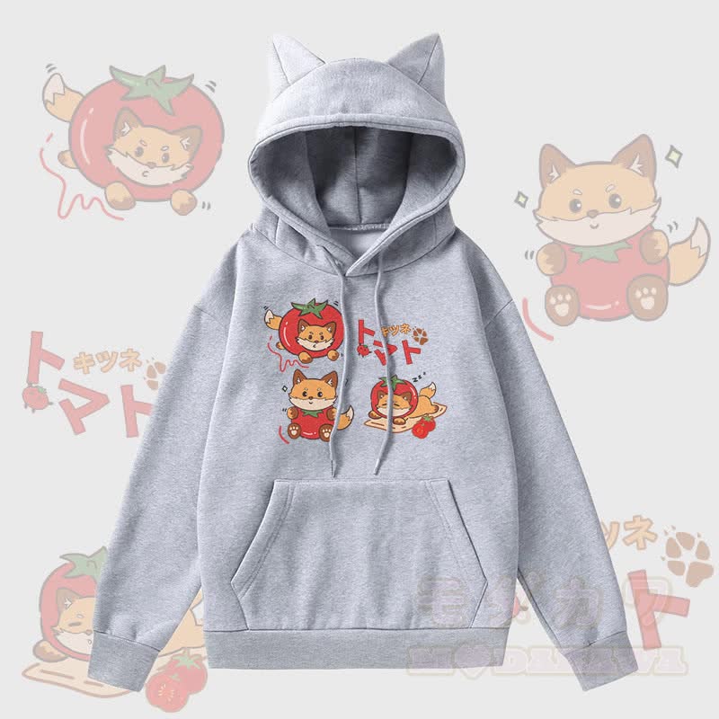 MODAKAWA Tomato Fox Graphic Pocket Fleece Lined Hoodie with Cat Ears  - Grey - 2XL - image 1