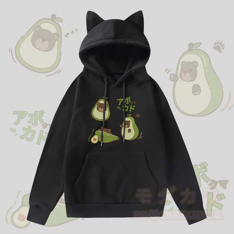 MODAKAWA Avocado Bear Graphic Pocket Fleece Lined Hoodie with Cat Ears  - Black - 2XL - image 1