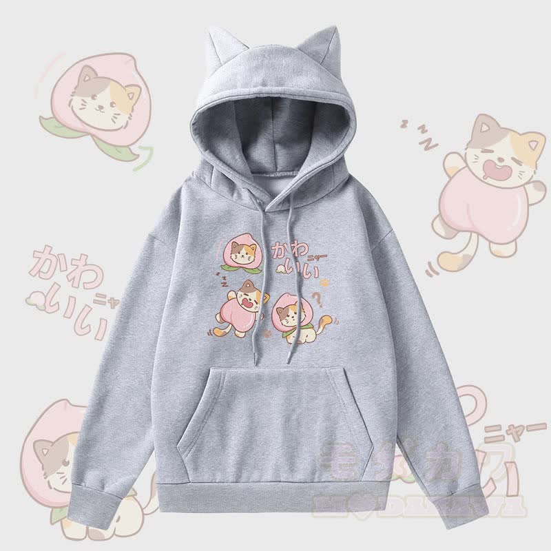 MODAKAWA Peach Cat Graphic Pocket Fleece Lined Hoodie with Cat Ears  - Grey - 2XL - image 2
