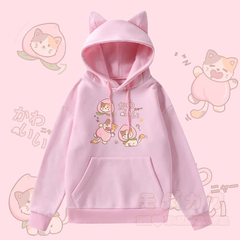 MODAKAWA Peach Cat Graphic Pocket Fleece Lined Hoodie with Cat Ears  - Pink - 2XL - image 1