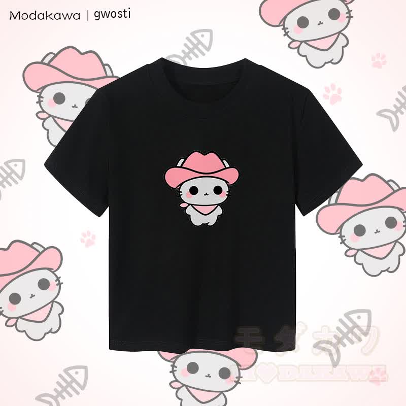 MODAKAWA X gwosti Pink Meowdy Graphic Women's Cropped T-Shirt 92% Combed Cotton Crop Top - Black - XL - image 3