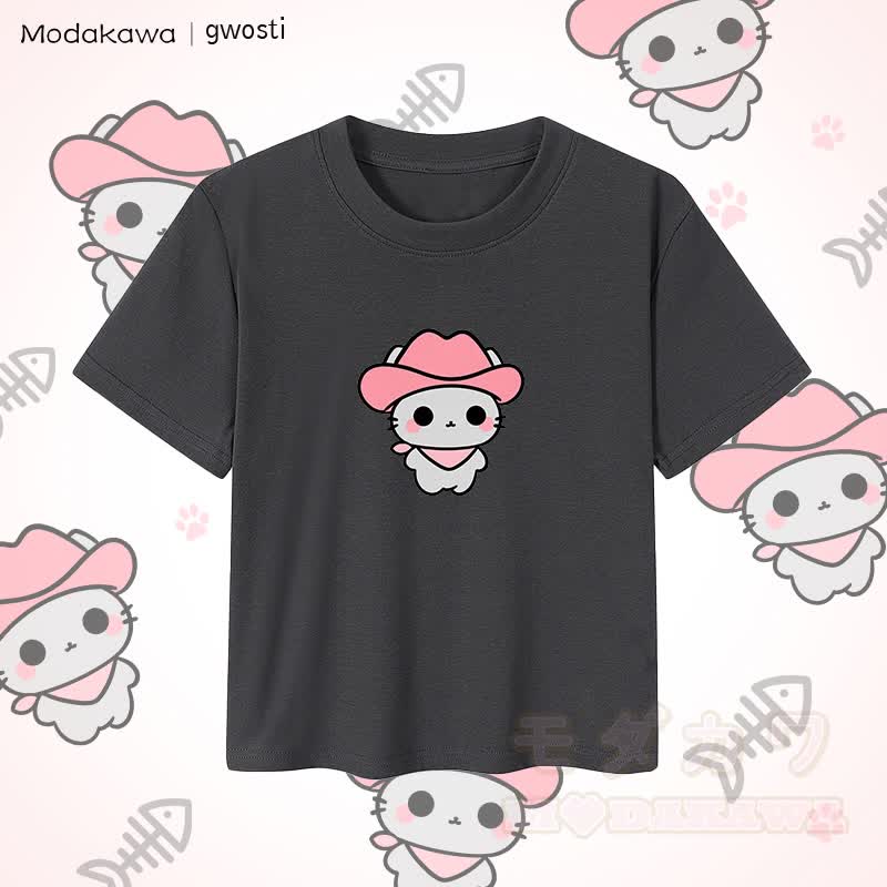 MODAKAWA X gwosti Pink Meowdy Graphic Women's Cropped T-Shirt 92% Combed Cotton Crop Top - Dark Grey - XL - image 2