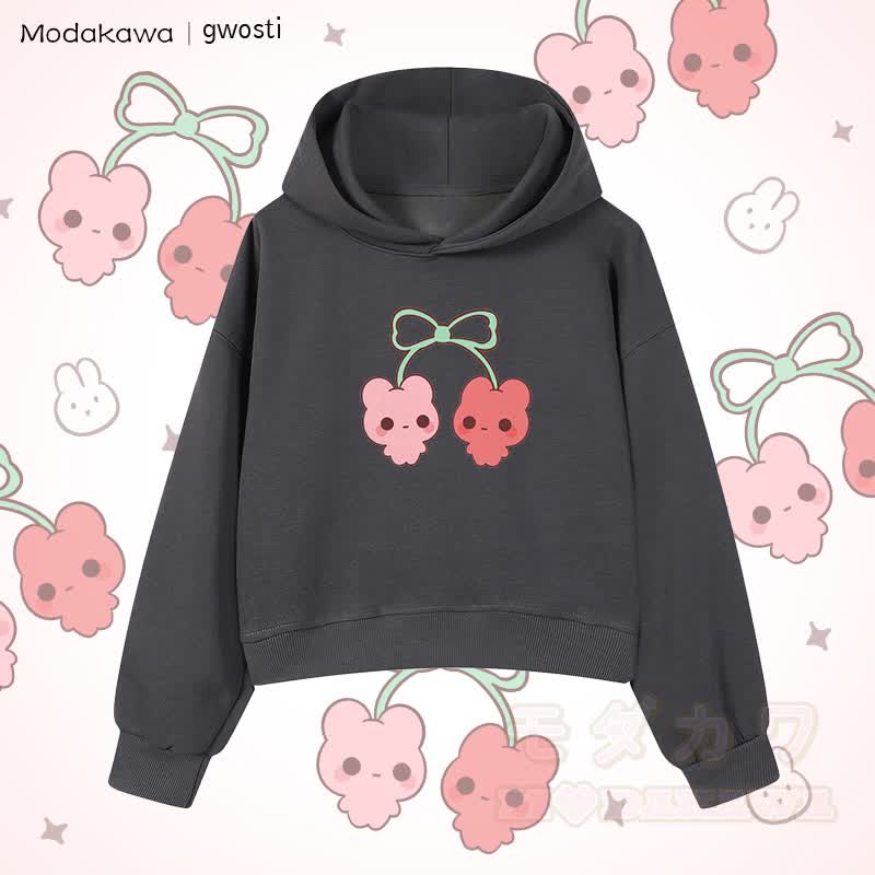 MODAKAWA X gwosti Cherries Graphic Cropped Cotton Hoodie - Dark Grey - 3XL - image 2