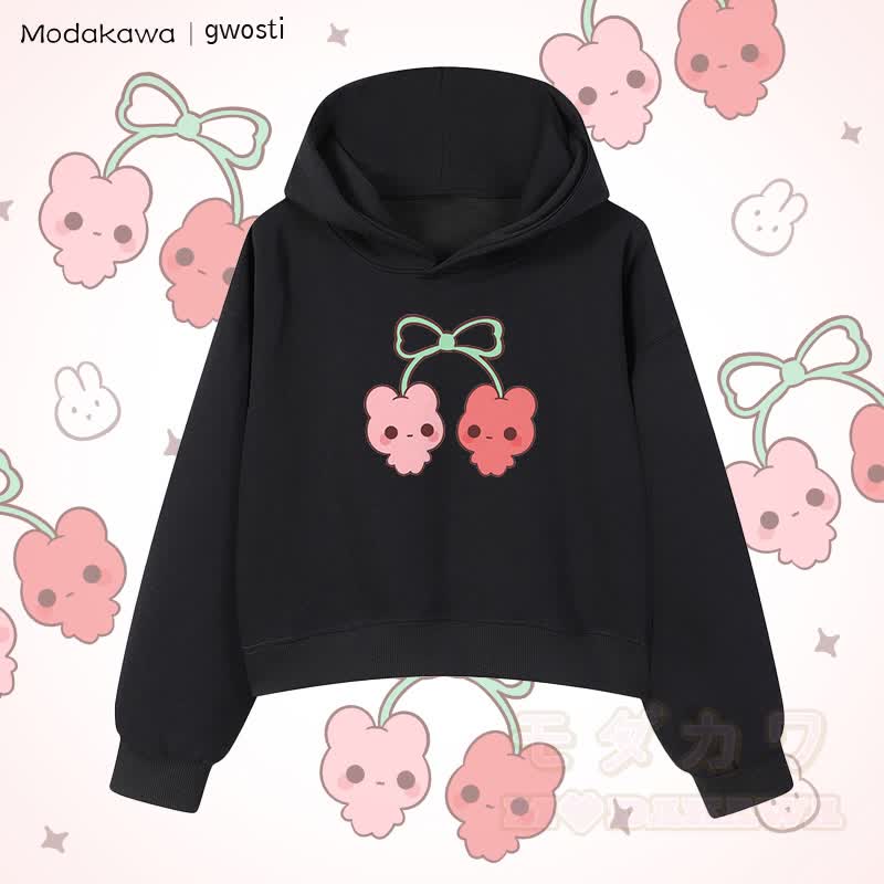 MODAKAWA X gwosti Cherries Graphic Cropped Cotton Hoodie - Black - 3XL - image 1