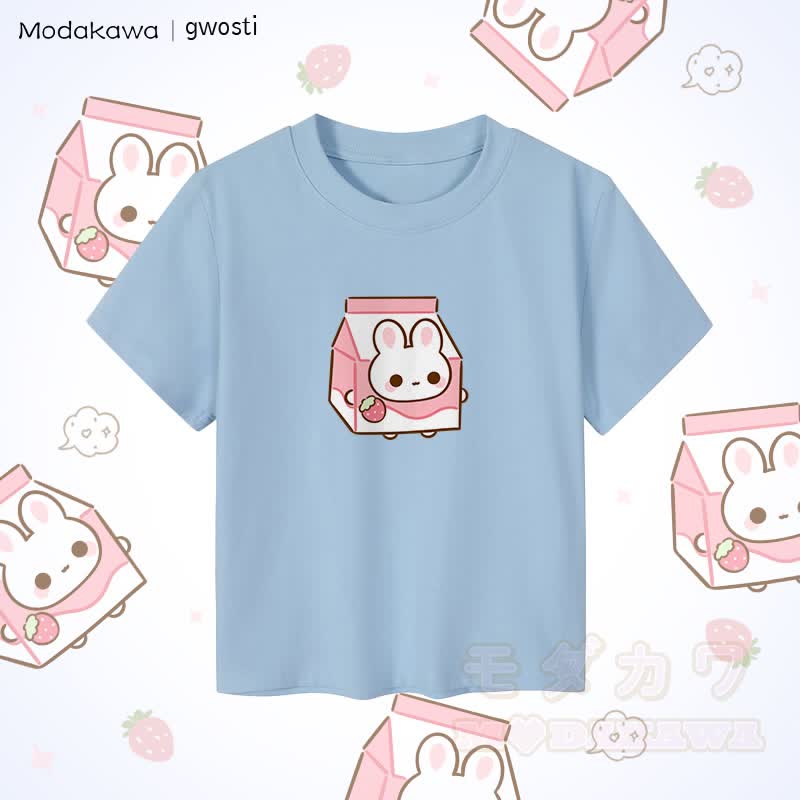 MODAKAWA X gwosti Strawbunny Milk Graphic Women's Cropped T-Shirt 92% Combed Cotton Crop Top - Blue - XL - image 2