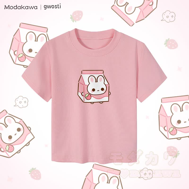 MODAKAWA X gwosti Strawbunny Milk Graphic Women's Cropped T-Shirt 92% Combed Cotton Crop Top - Pink - XL - image 1