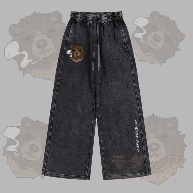 MODAKAWA Smoking Bear Graphic Vintage Washed Adjustable Hem Pants - Black - 2XL - image 2