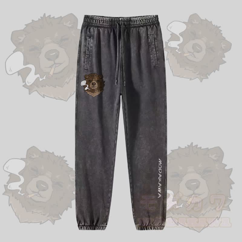 MODAKAWA Smoking Bear Graphic Vintage Washed Jogger Pants - Dark Grey - 2XL - image 3